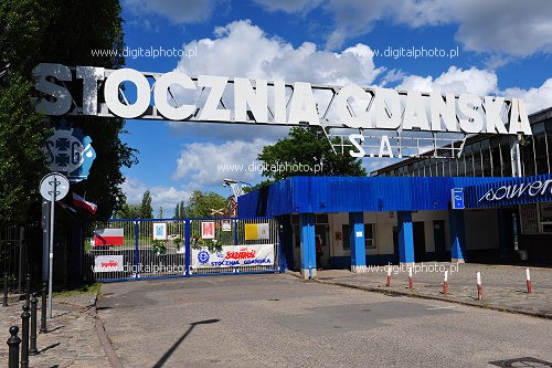 Entrance gate nb2 to Shipyard Gdansk, Solidarity (Solidarność) flags