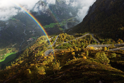 Stock photos Norway, road to Lysebotn and rainbow