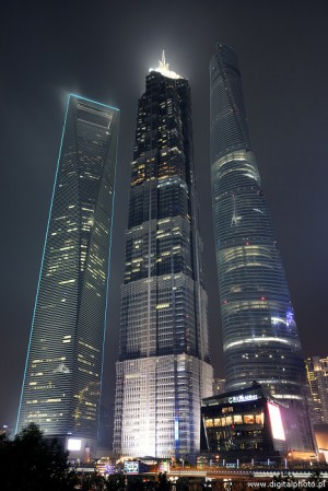 Nachtfotografie, hoogste gebouwen in Shanghai